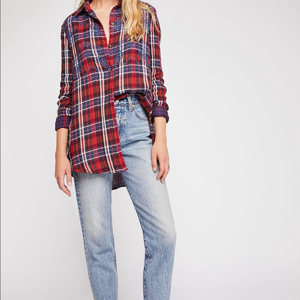 Free People magical plaid embroidered button down large